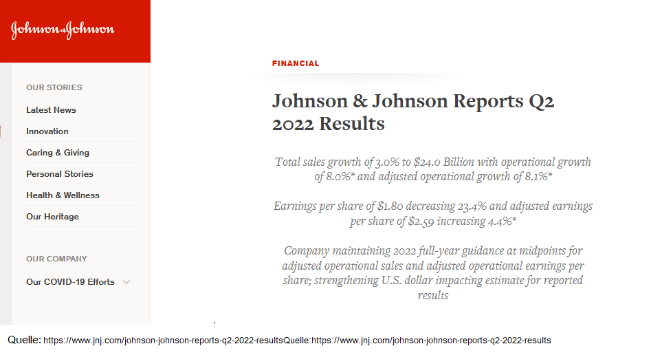 Auszug aus dem Statement zum Quartalsbericht von Johnson&Johnson